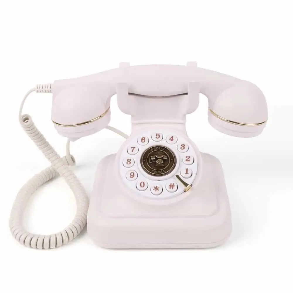 Telefon retro alb Elegance70 White cu disc auriu, vedere din față, pe fundal alb