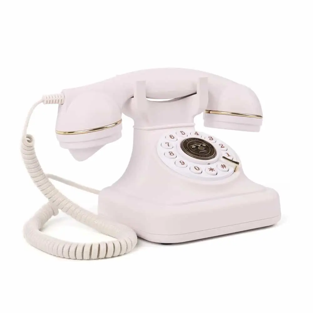 Telefon retro alb Elegance70 White, vedere din unghi, pe fundal alb